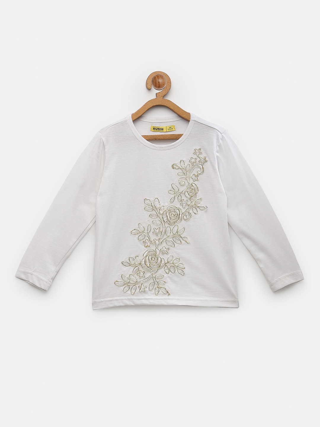

NYNSH Girls White & Gold-Toned Floral Pure Cotton T-shirt