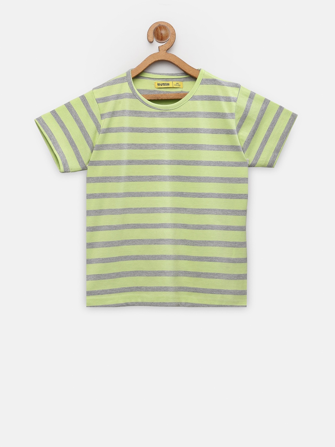 

NYNSH Girls Green & Grey Striped Pure Cotton T-shirt