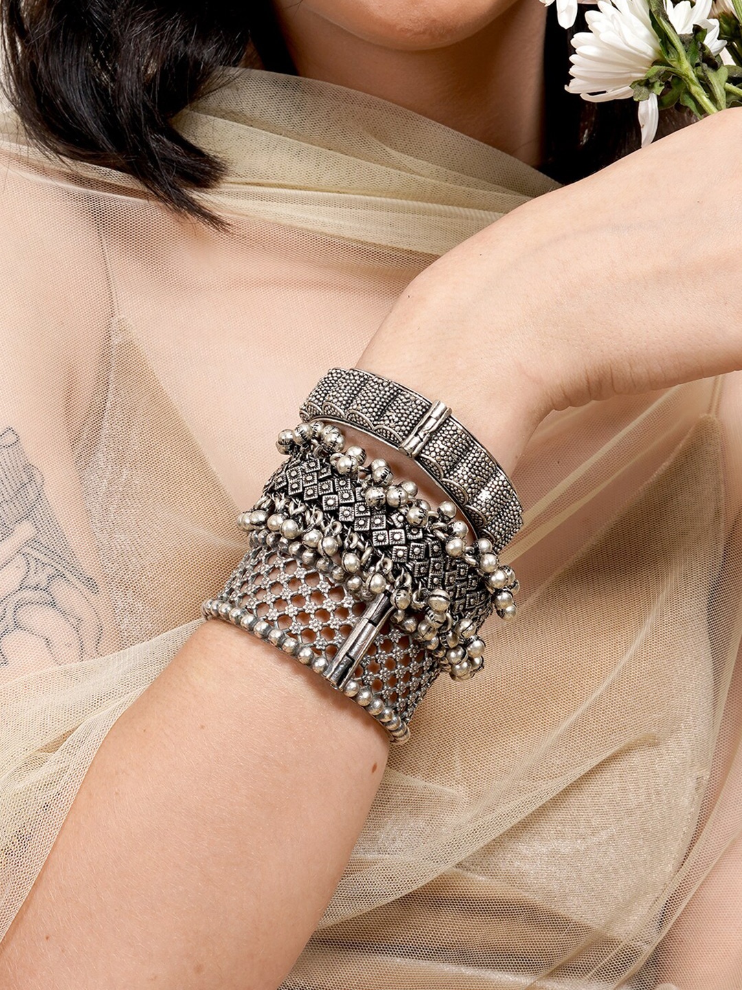 

TEEJH Set Of 3 Silver Plated Oxidised Bangle-Style Bracelet