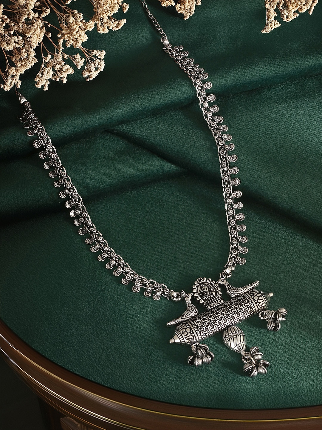 

Saraf RS Jewellery Silver-Toned German Silver Oxidised Peacock Design Tribal Necklace