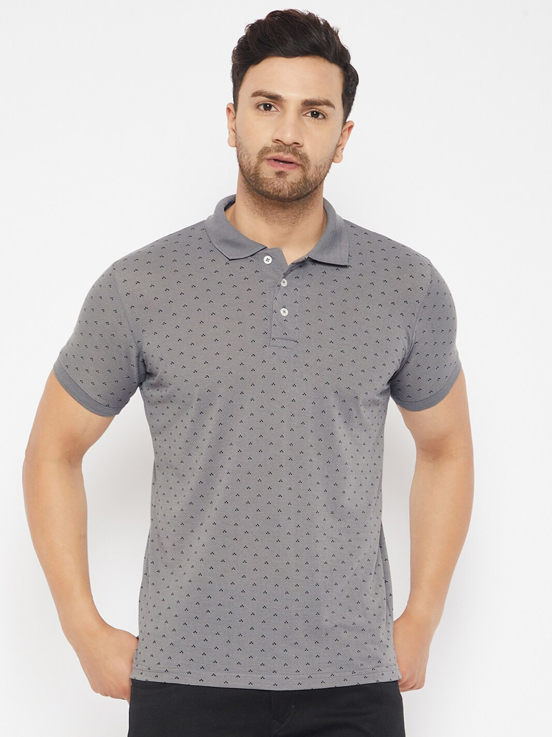 

THE MILLION CLUB Men Grey & Black Printed Polo Collar T-shirt