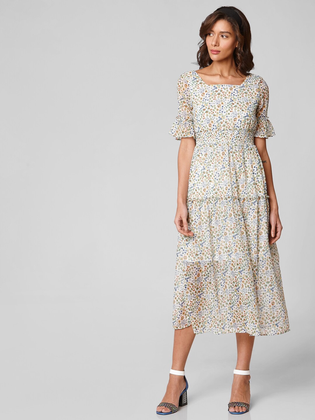 

Vero Moda White & Multicoloured Floral Tiered Midi Dress