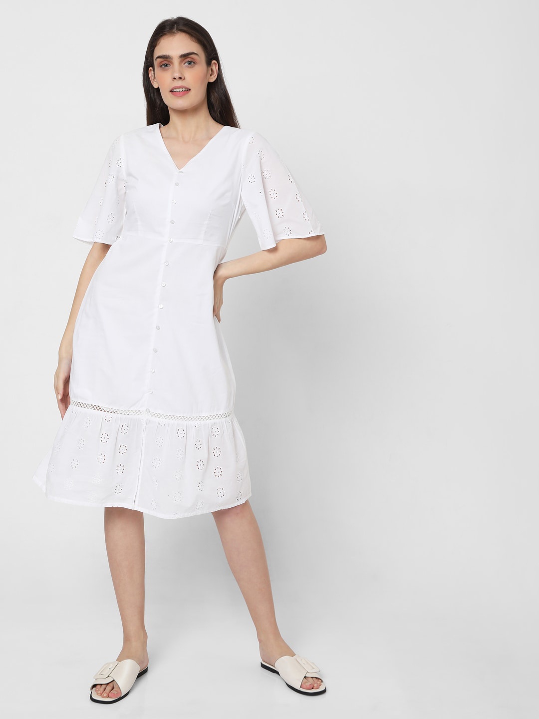 

Vero Moda Women White Self Design V-neck Cotton A-Line Dress