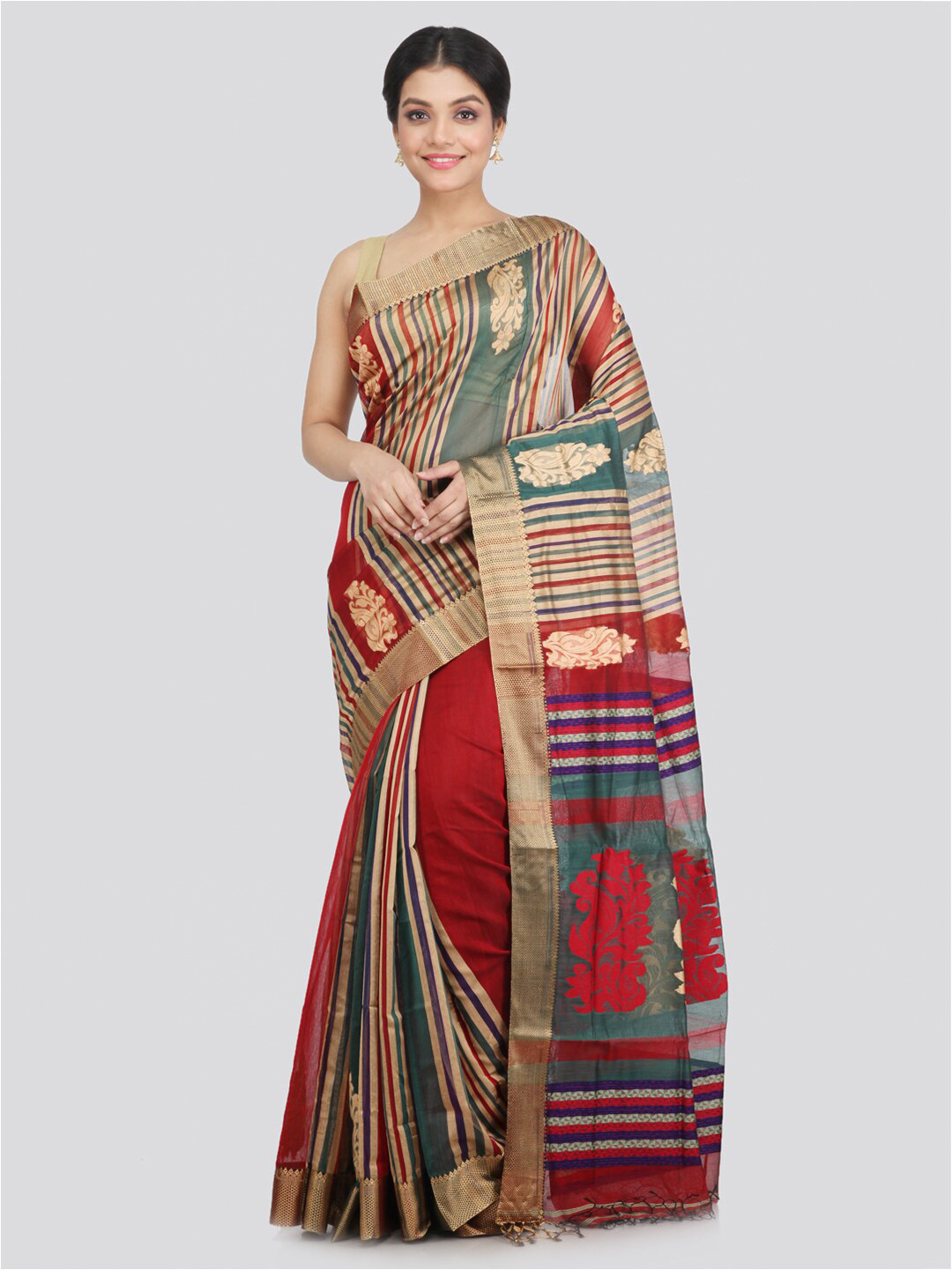 

PinkLoom Tan & Red Woven Design Zari Saree