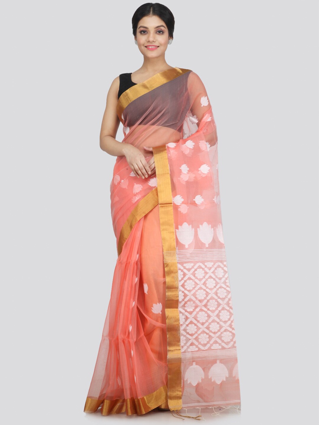 

PinkLoom Peach-Coloured & White Ethnic Motifs Zari Silk Blend Saree