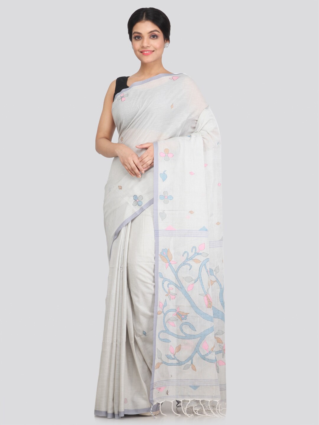 

PinkLoom White & Blue Floral Pure Cotton Saree