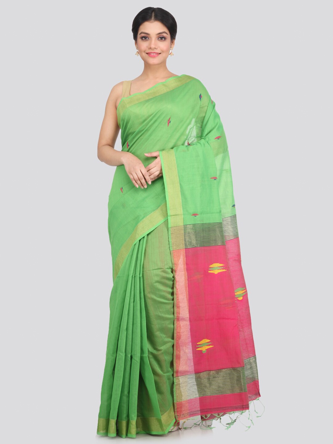 

PinkLoom Green & Pink Woven Design Zari Saree