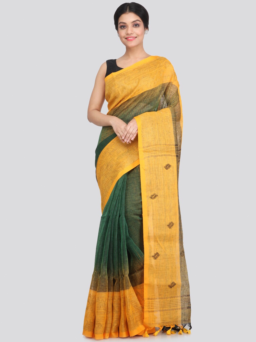 

PinkLoom Green & Yellow Woven Design Pure Linen Saree