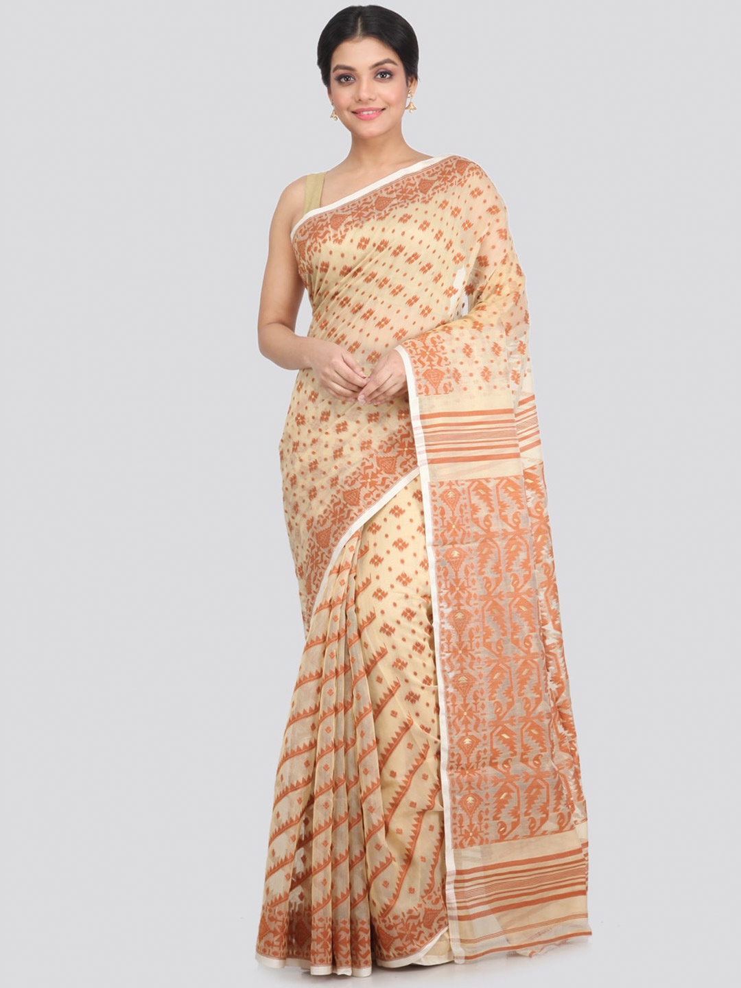 

PinkLoom Beige & Tan Pure Cotton Jamdani Saree