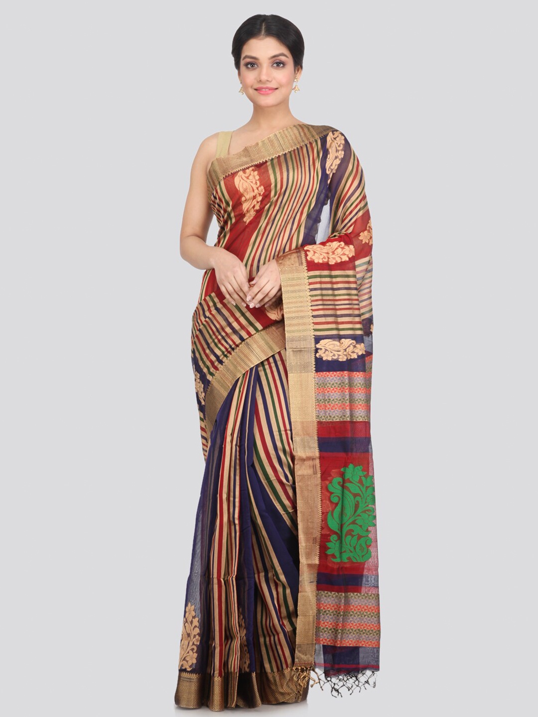 

PinkLoom Red & Navy Blue Striped Saree