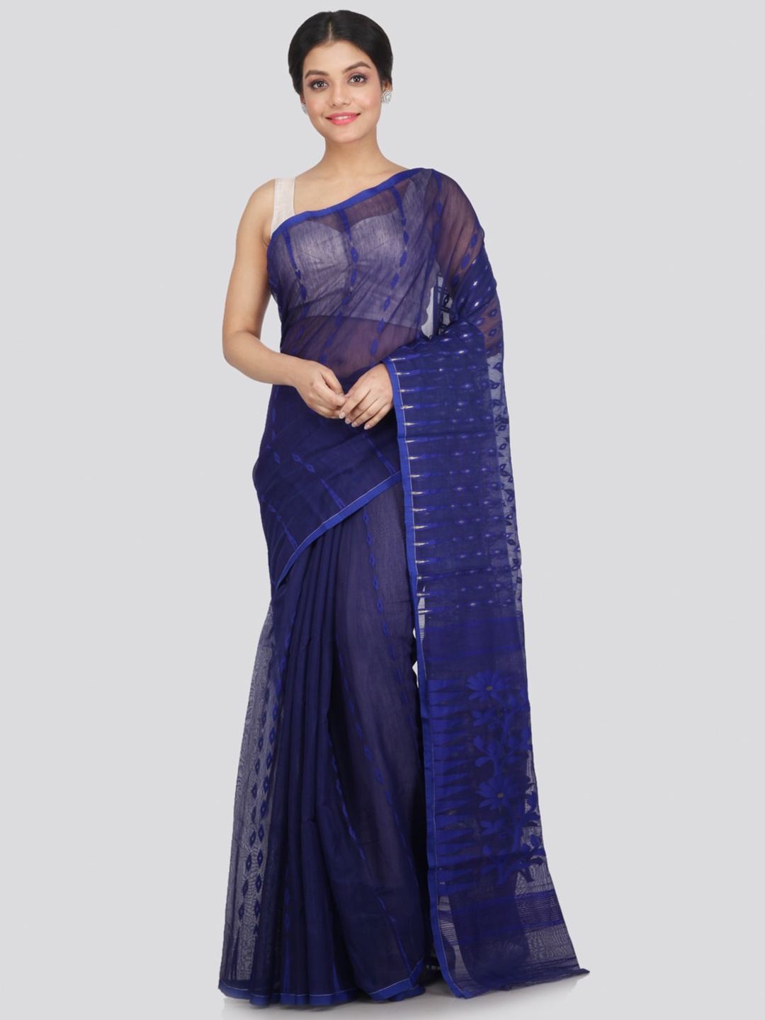 

PinkLoom Navy Blue & Gold-Toned Woven Design Pure Cotton Jamdani Saree