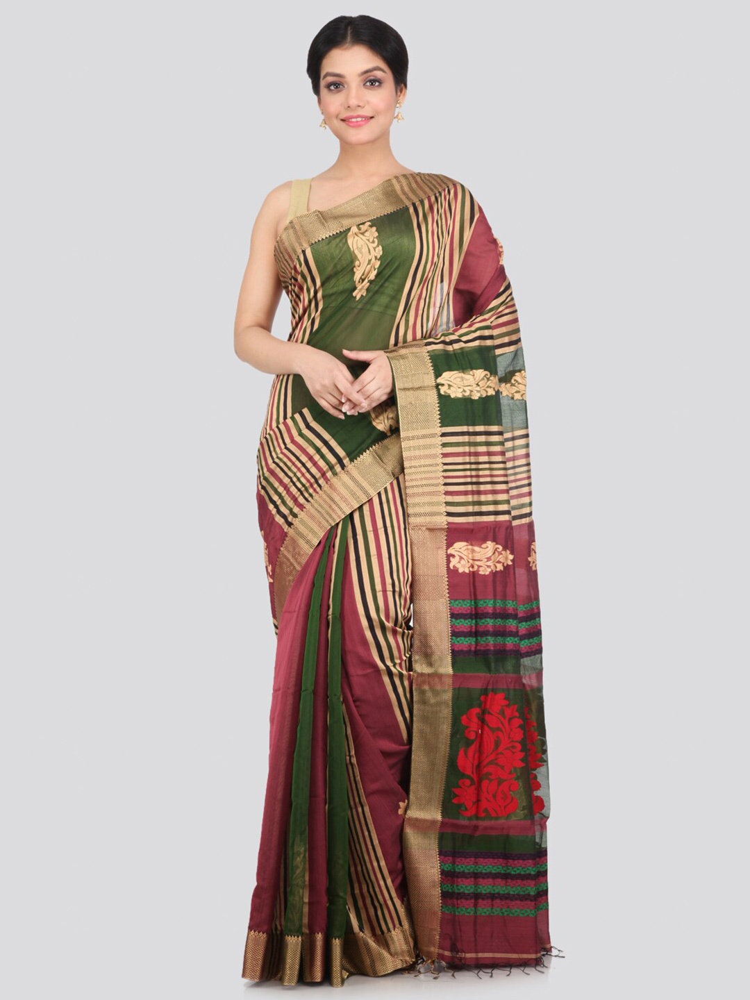 

PinkLoom Maroon & Green Ethnic Motifs Zari Saree
