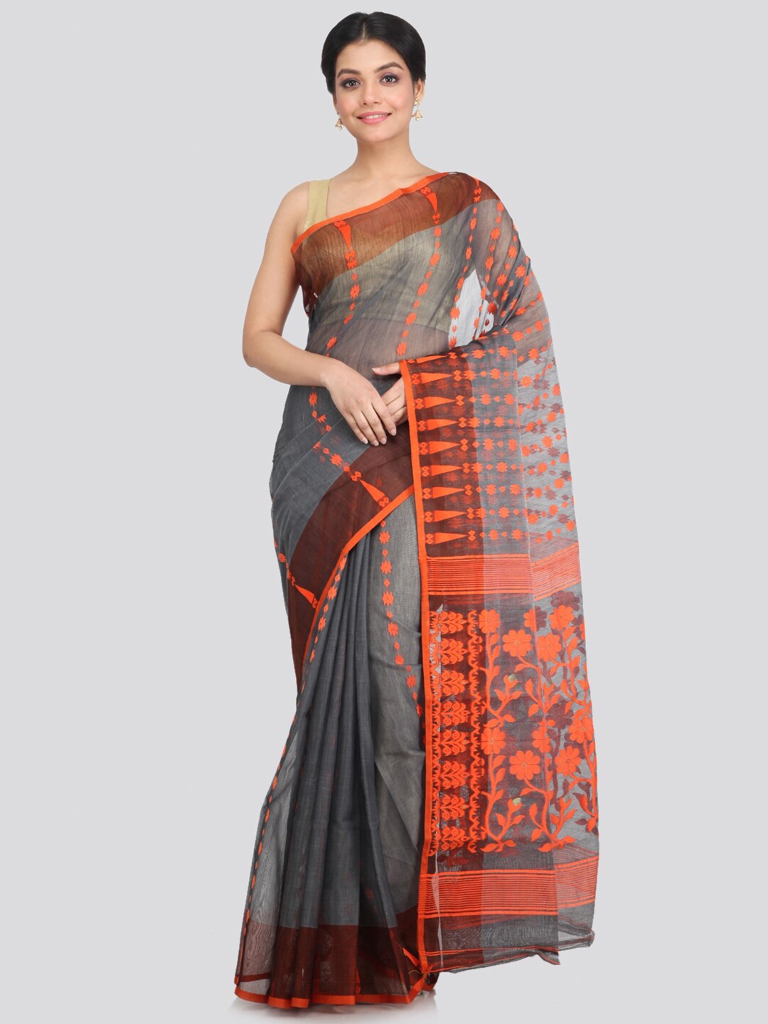 

PinkLoom Grey & Orange Ethnic Motifs Pure Cotton Jamdani Saree