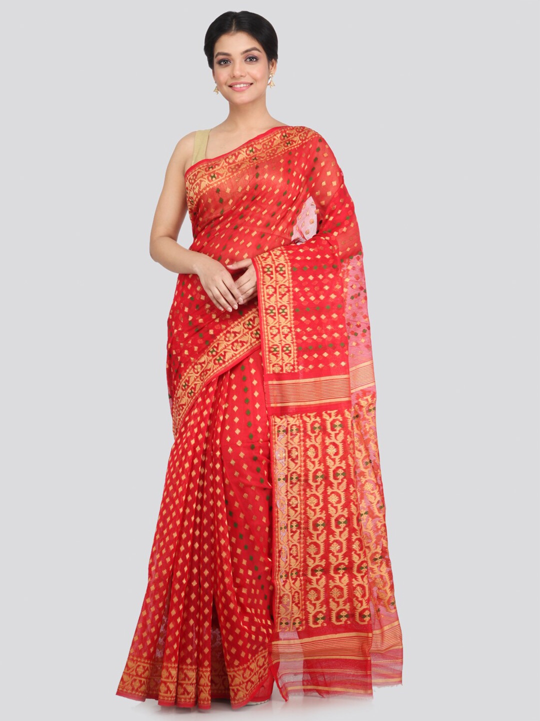 

PinkLoom Red & Gold-Toned Woven Design Pure Cotton Jamdani Saree