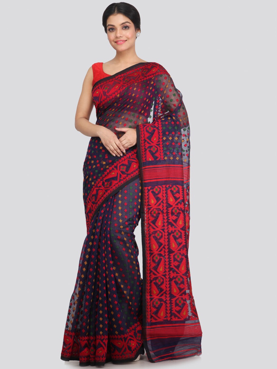 

PinkLoom Blue & Red Ethnic Motifs Pure Cotton Jamdani Saree