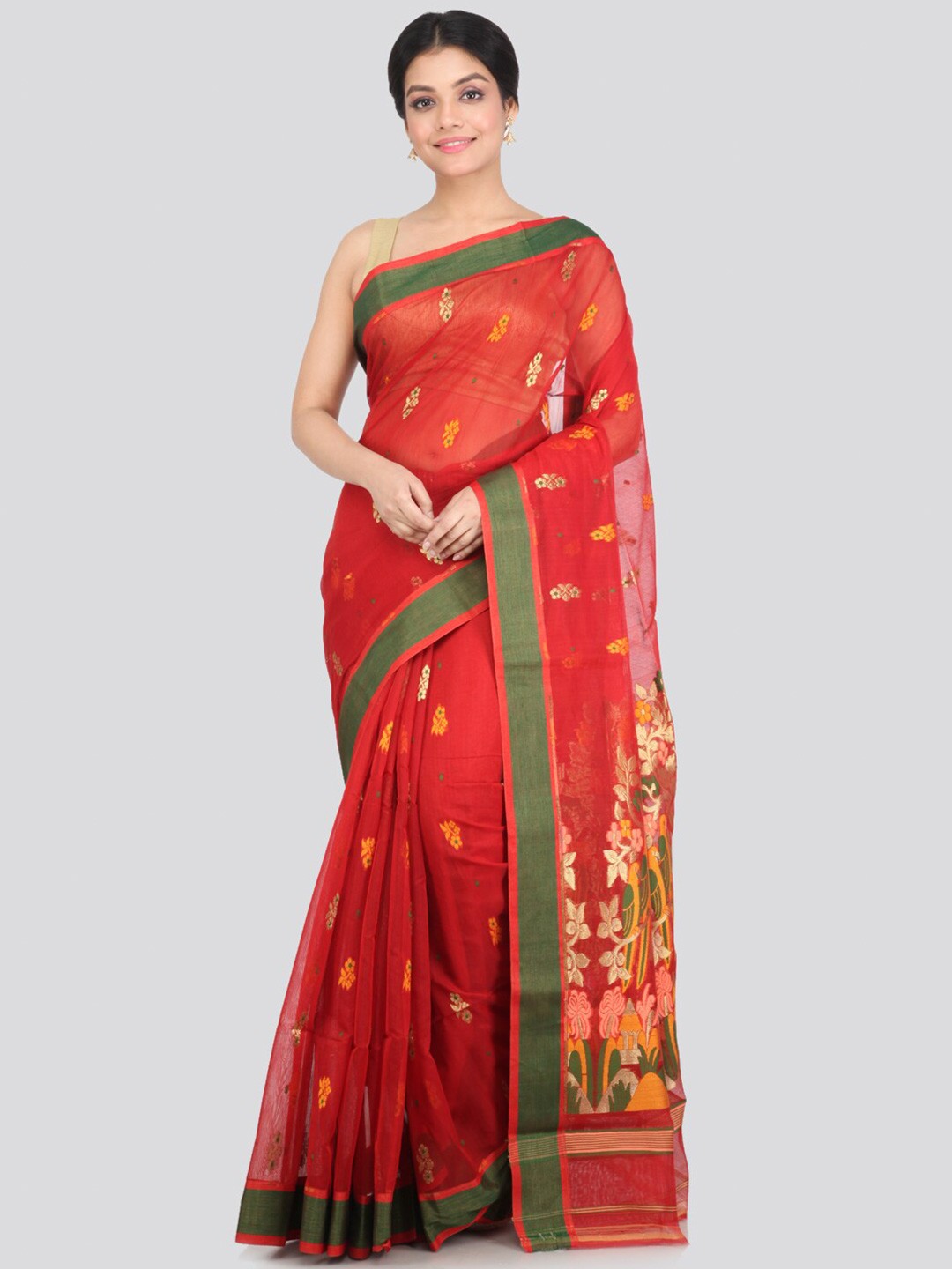 

PinkLoom Red & Green Ethnic Motifs Woven Zari Saree