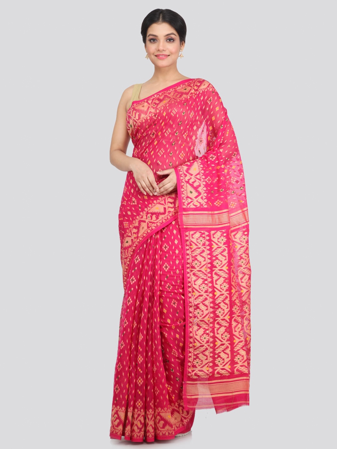 

PinkLoom Pink & Gold-Toned Woven Design Pure Cotton Jamdani Saree