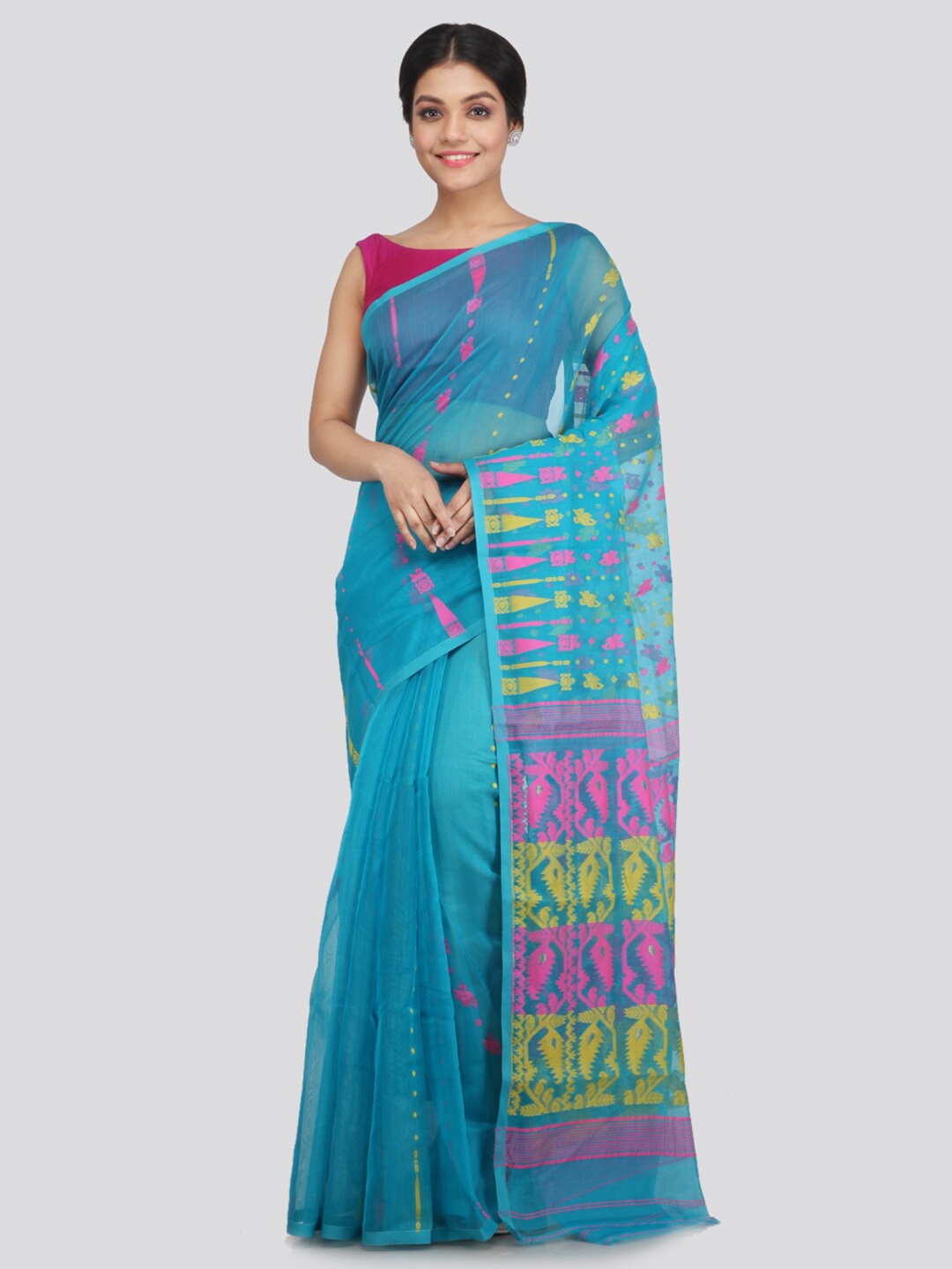 

PinkLoom Blue & Magenta Ethnic Motifs Pure Cotton Jamdani Saree