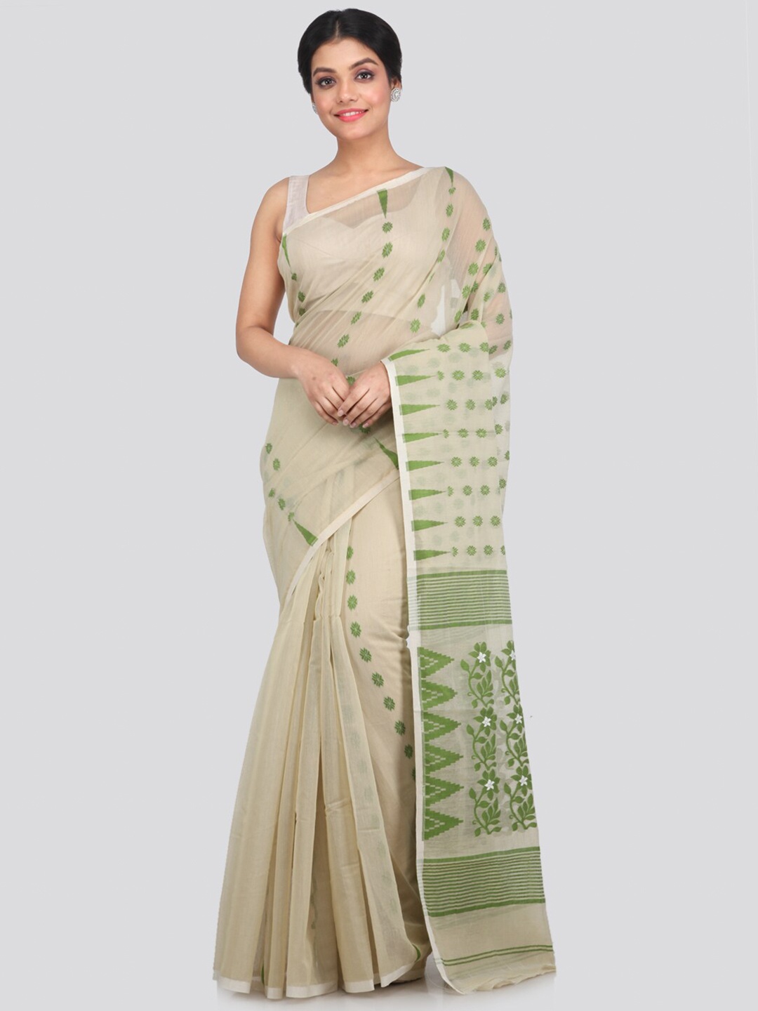 

PinkLoom Beige & Green Floral Pure Cotton Jamdani Saree