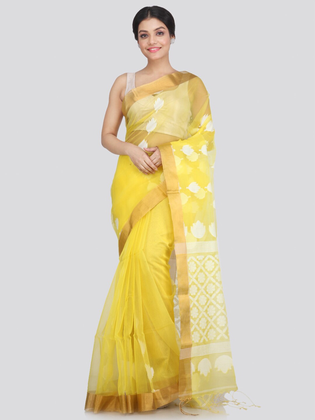 

PinkLoom Yellow & Gold-Toned Zari Silk Blend Saree