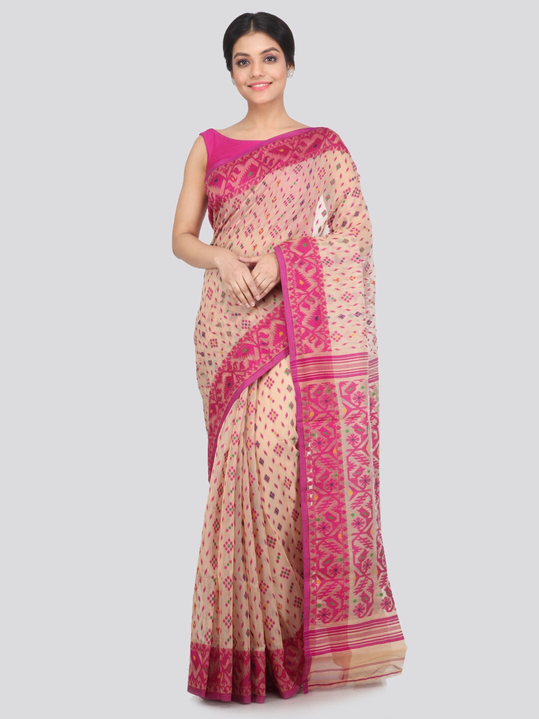 

PinkLoom Beige & Magenta Woven Design Pure Cotton Jamdani Saree