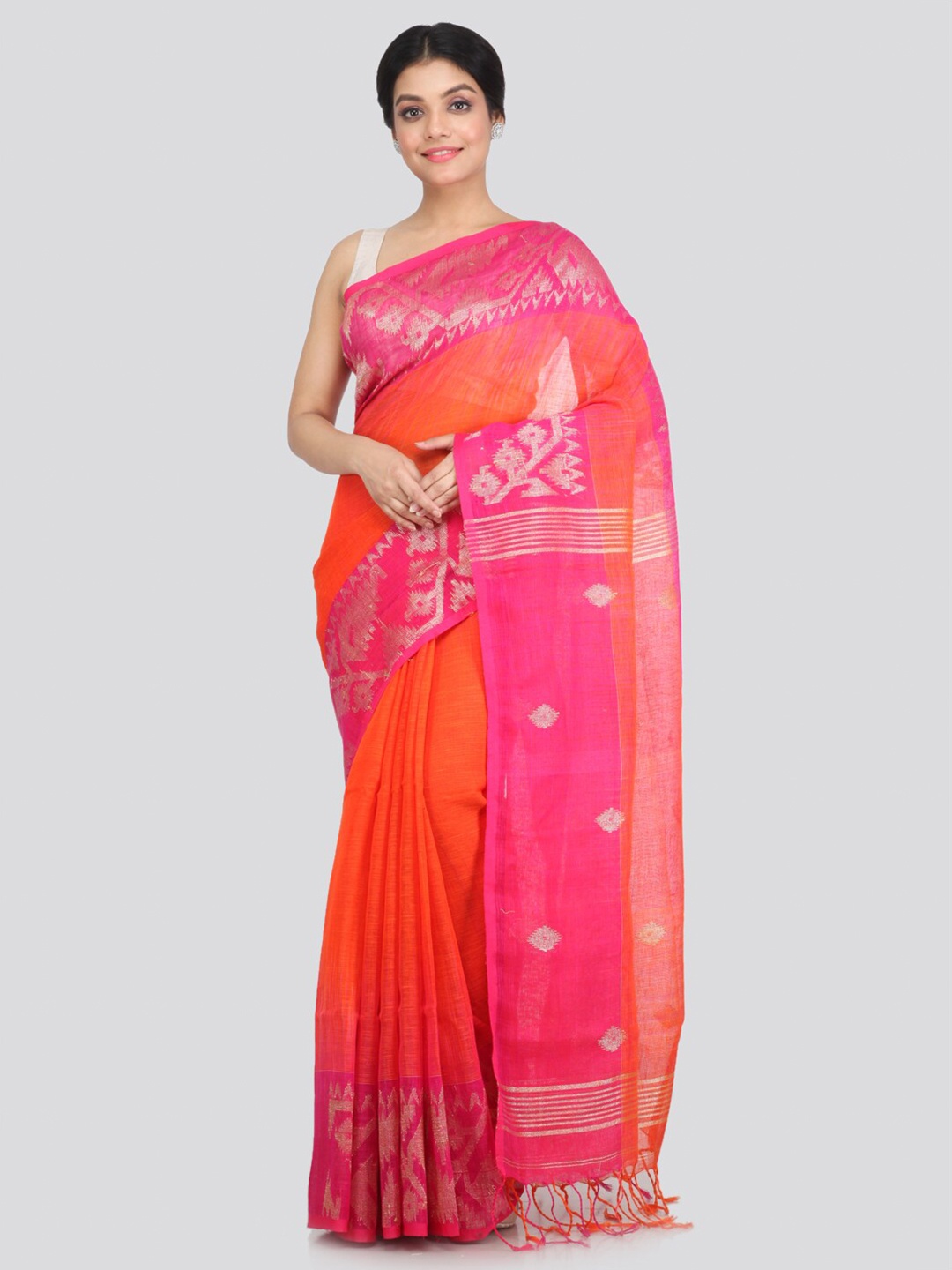 

PinkLoom Orange & Pink Woven Design Zari Pure Linen Saree