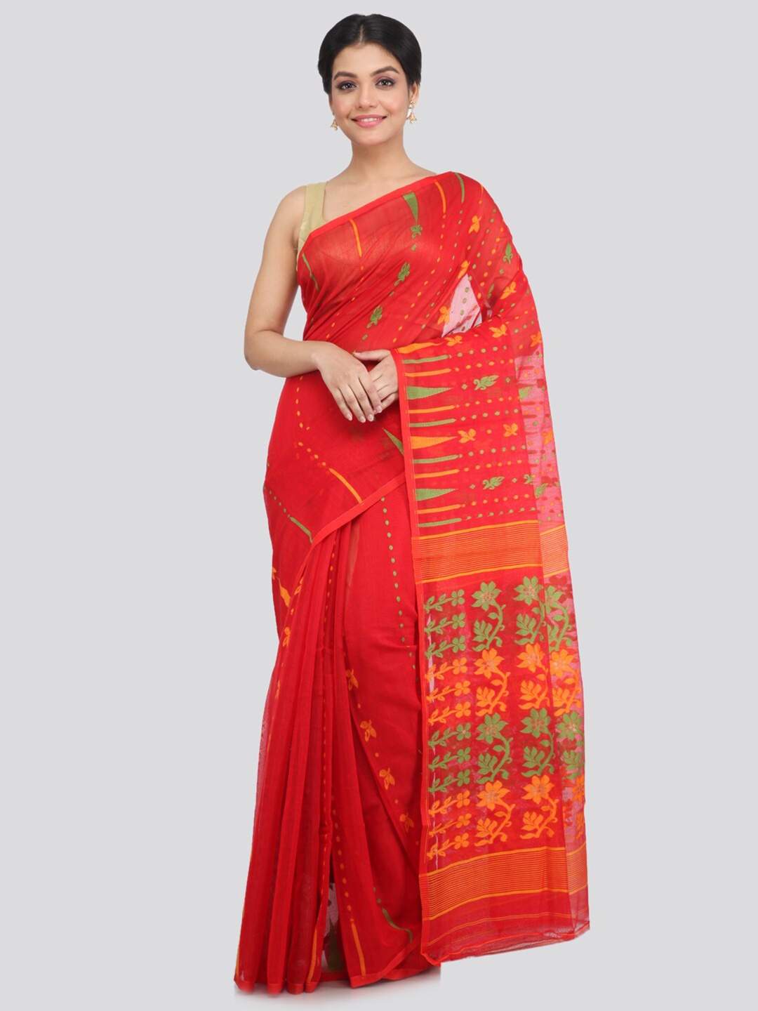 

PinkLoom Red & Green Woven Design Pure Cotton Jamdani Saree