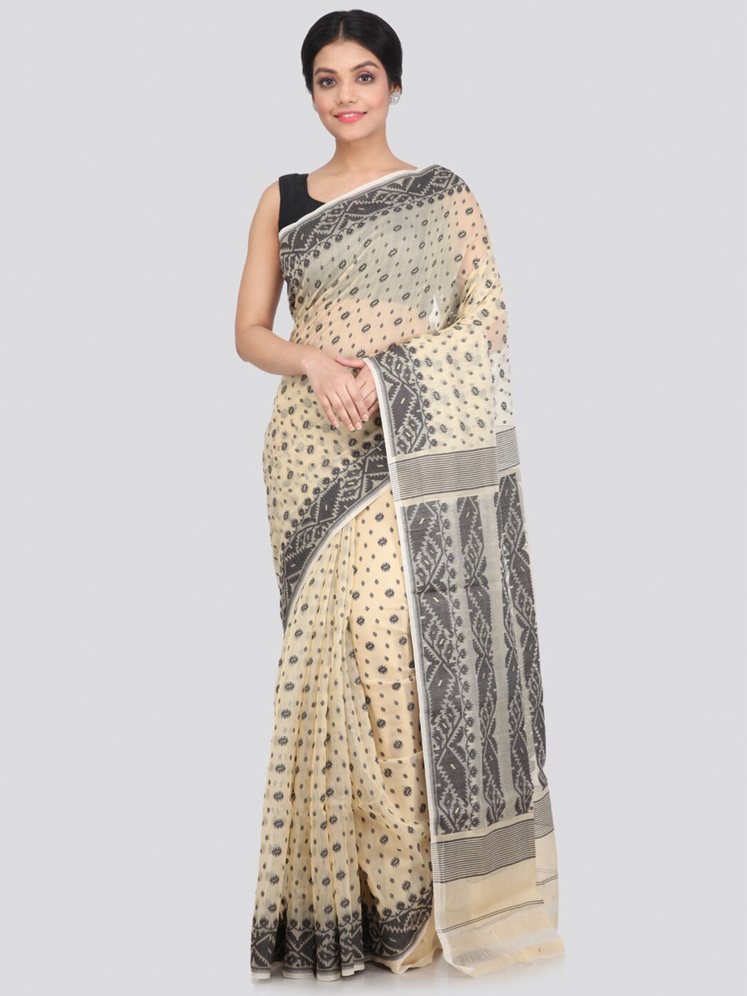 

PinkLoom Beige & Grey Woven Design Pure Cotton Jamdani Saree