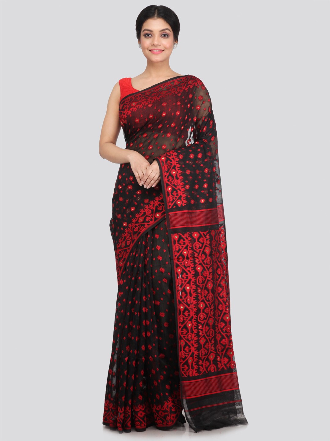 

PinkLoom Black & Red Ethnic Motifs Pure Cotton Jamdani Saree