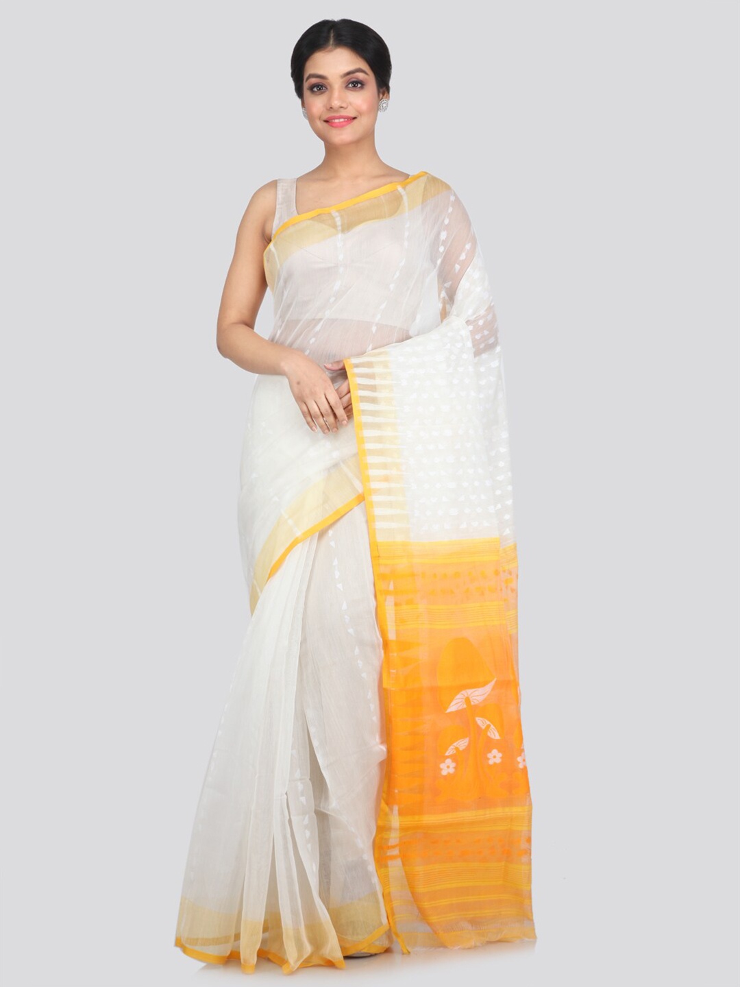 

PinkLoom White & Yellow Woven Design Pure Cotton Jamdani Saree