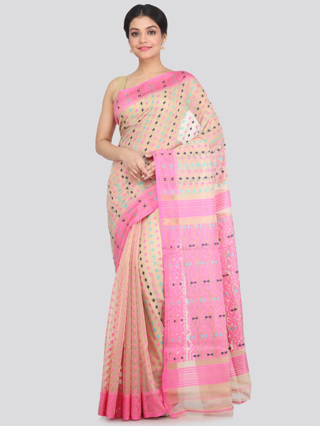 

PinkLoom Beige & Pink Pure Cotton Jamdani Saree