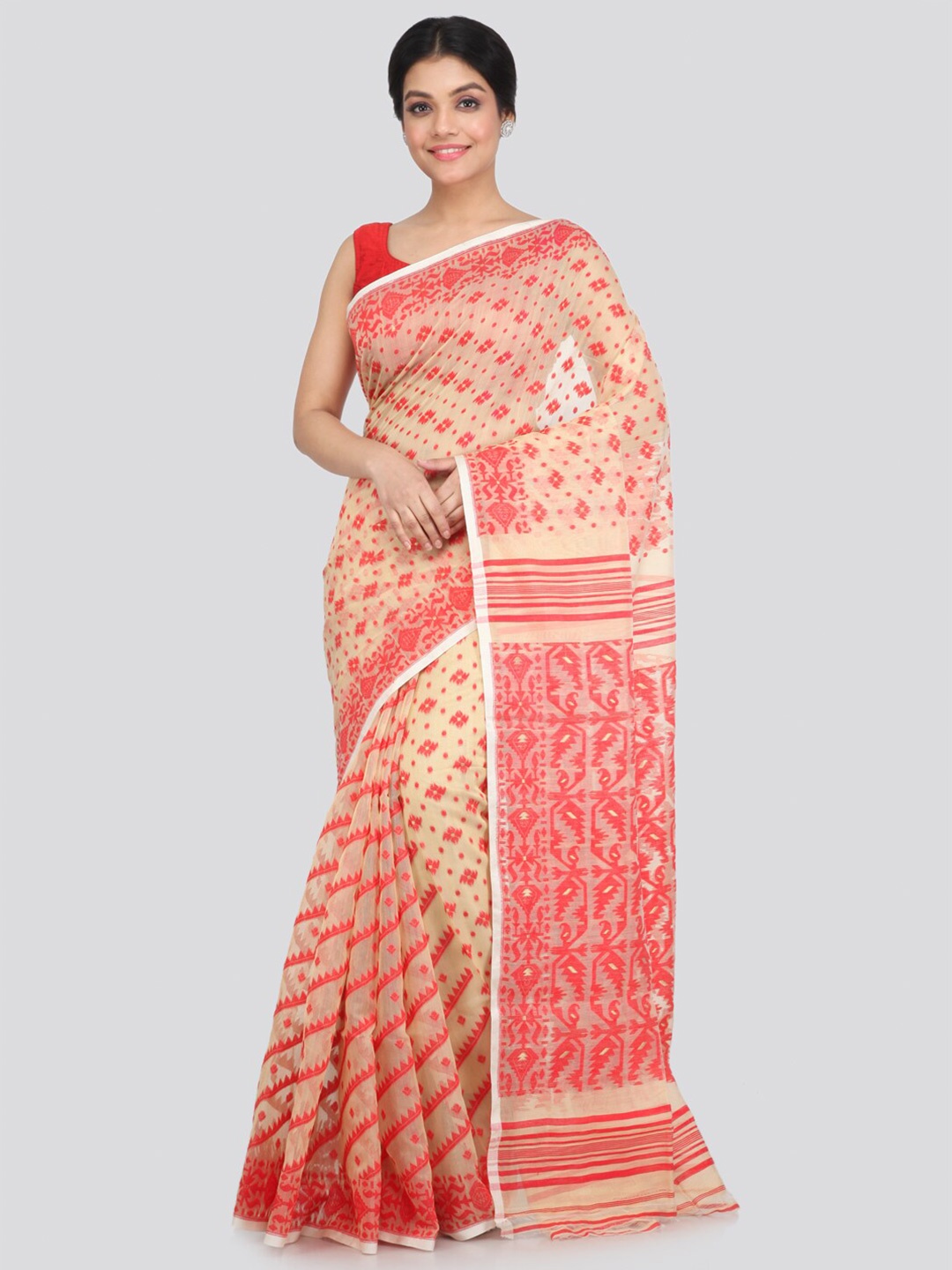 

PinkLoom Beige & Red Woven Design Pure Cotton Jamdani Saree