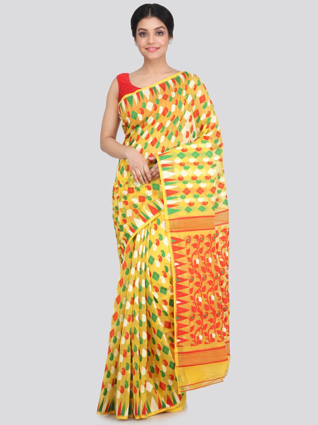 

PinkLoom Yellow & Red Floral Pure Cotton Jamdani Saree