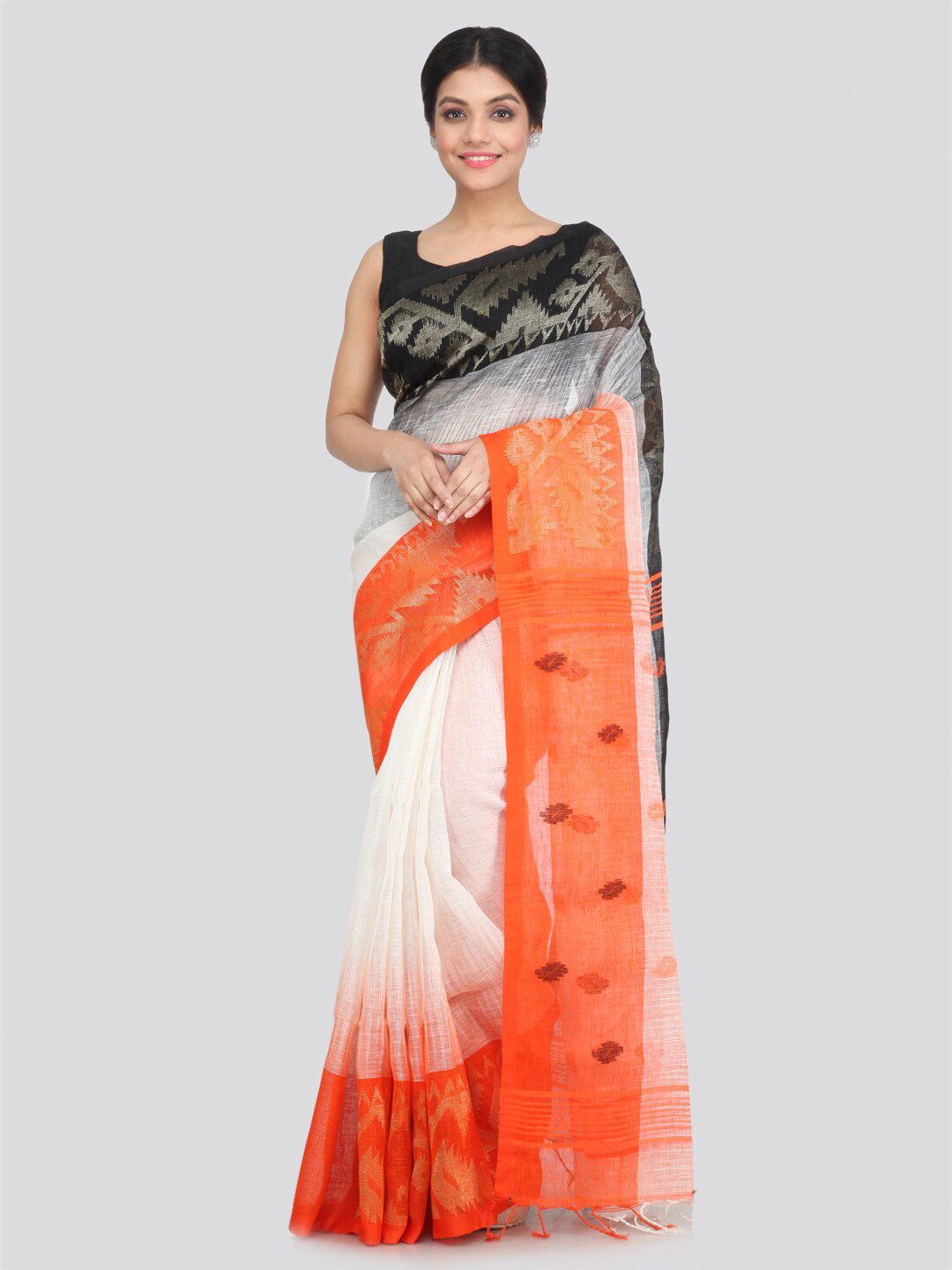 

PinkLoom White & Orange Woven Design Zari Pure Linen Saree