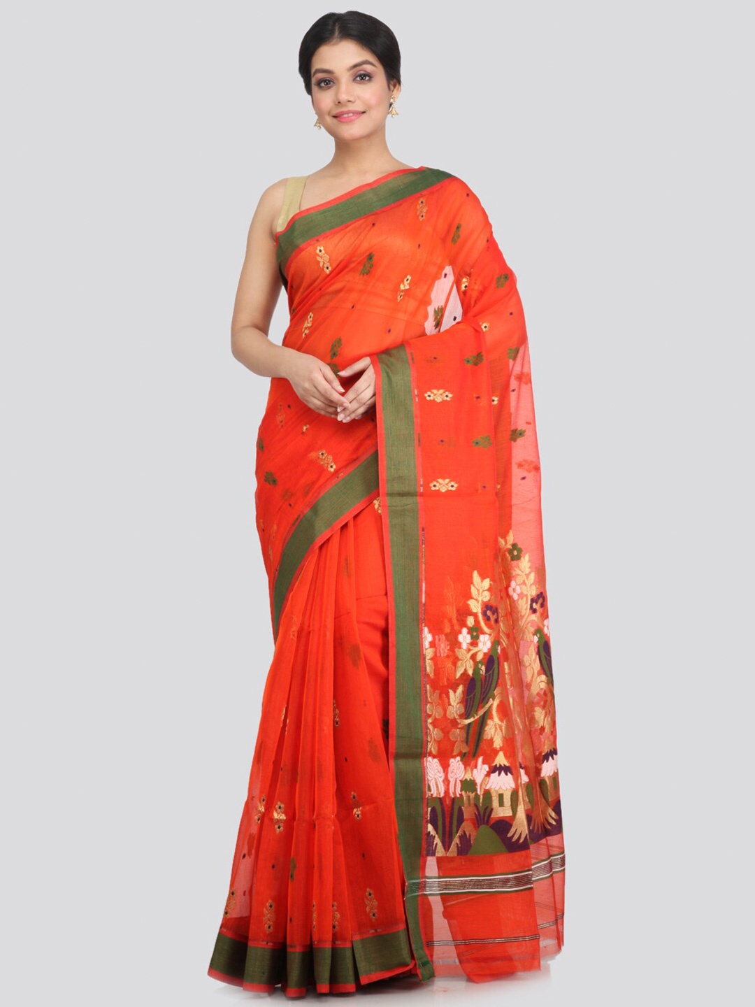 

PinkLoom Orange & Gold-Toned Woven Design Zari Border Saree