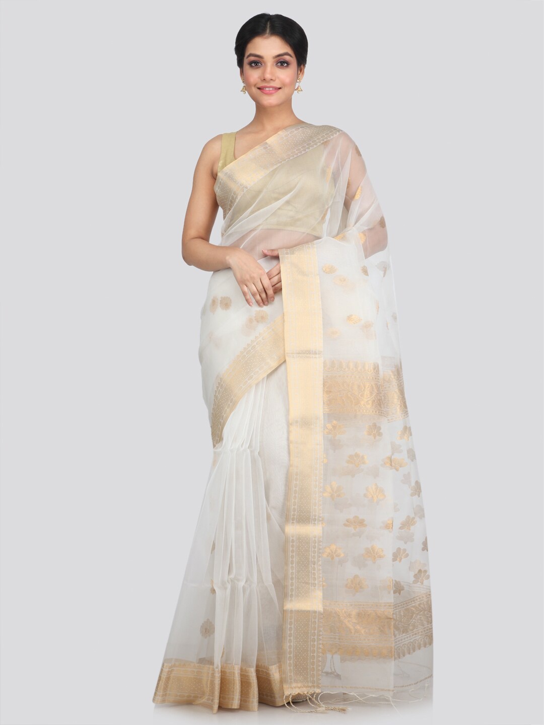 

PinkLoom White & Gold-Toned Woven Design Zari Silk Blend Saree