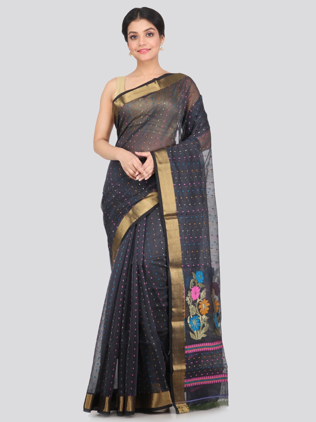 

PinkLoom Black & Blue Woven Design Zari Border Saree