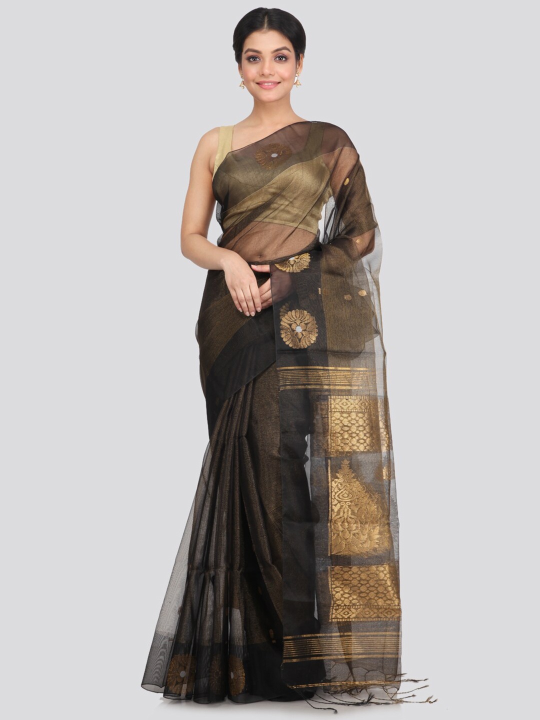 

PinkLoom Black & Gold-Toned Woven Design Zari Silk Blend Saree