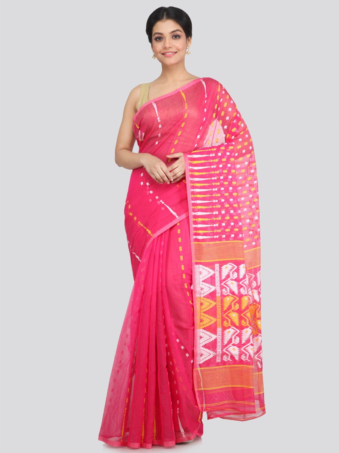 

PinkLoom Pink & Gold-Toned Ethnic Motifs Pure Cotton Jamdani Saree