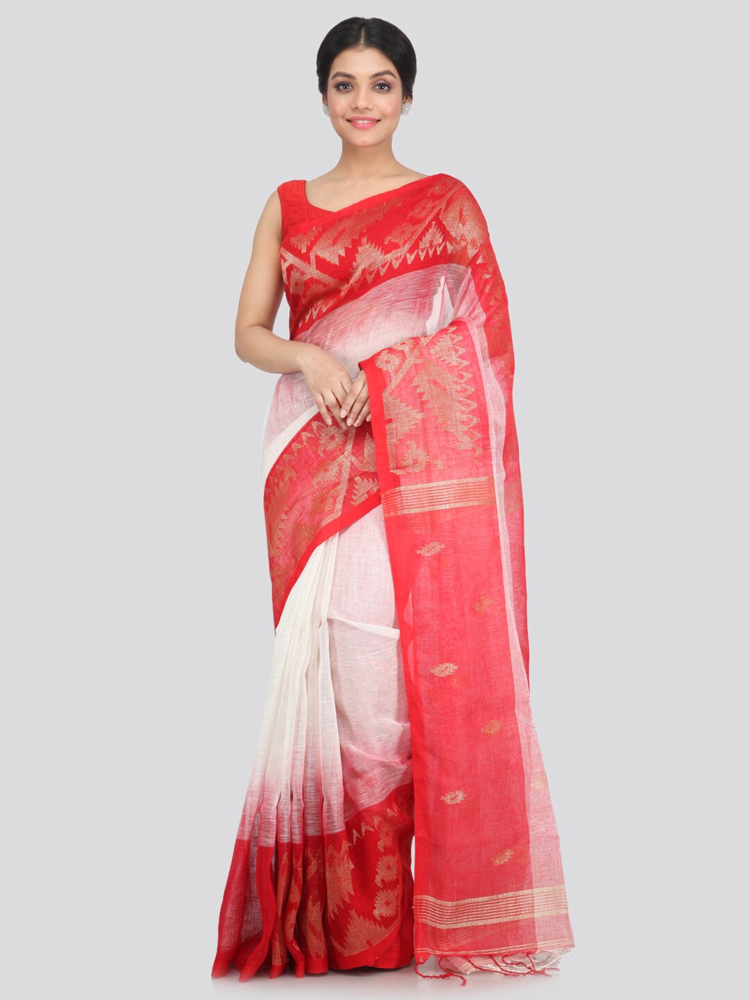 

PinkLoom White & Red Pure Linen Saree