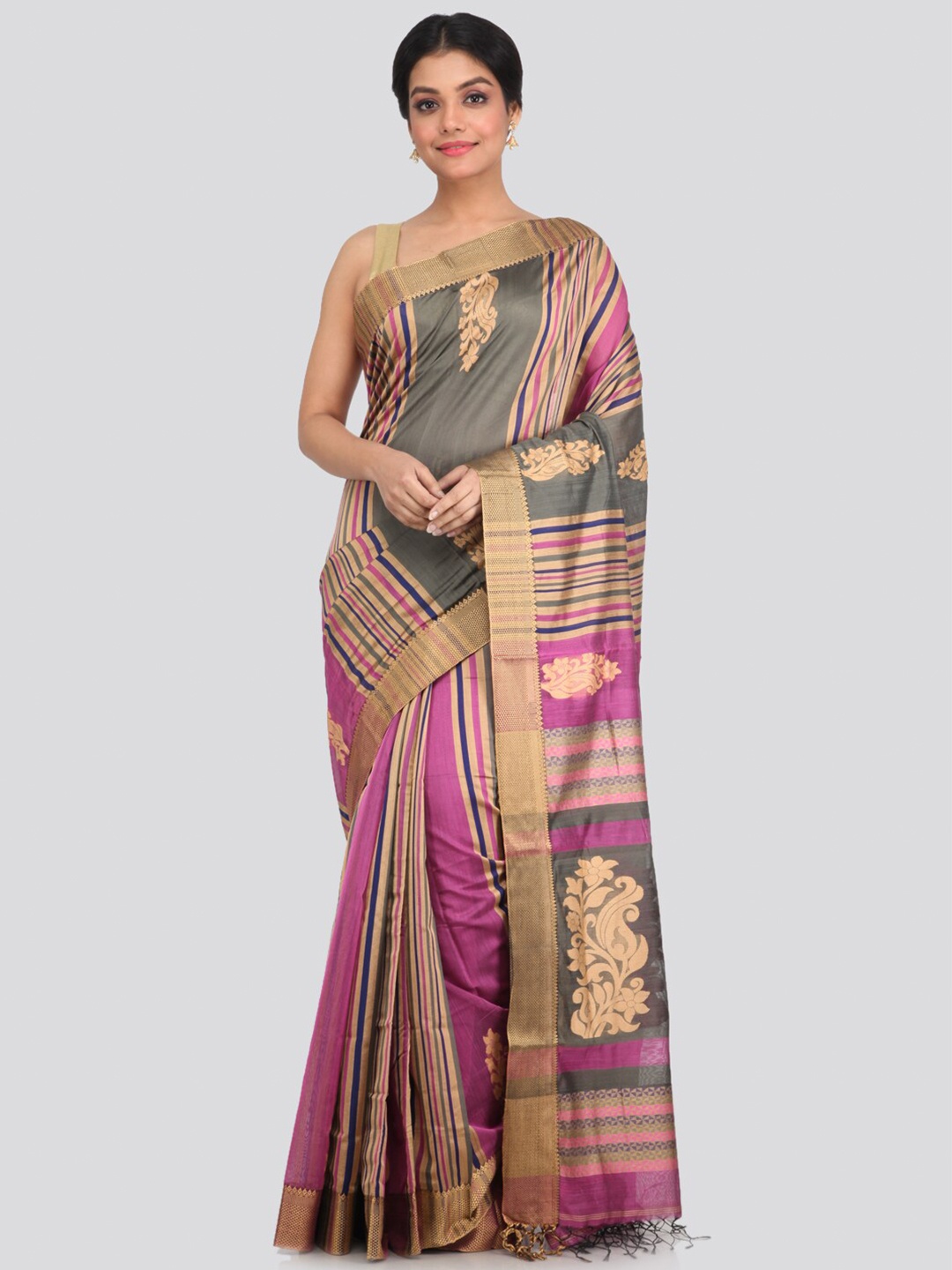 

PinkLoom Purple & Grey Ethnic Motifs Woven Zari Saree