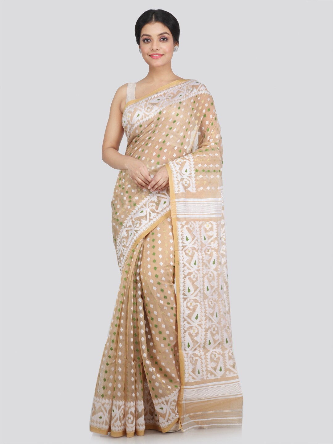 

PinkLoom Beige & White Woven Design Pure Cotton Jamdani Saree