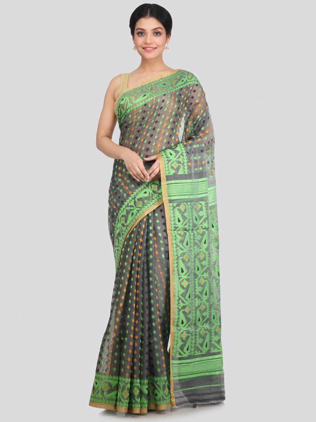 

PinkLoom Grey & Green Ethnic Motifs Pure Cotton Jamdani Saree