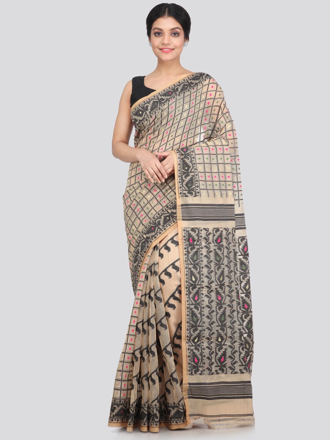 

PinkLoom Beige & Black Floral Pure Cotton Jamdani Saree