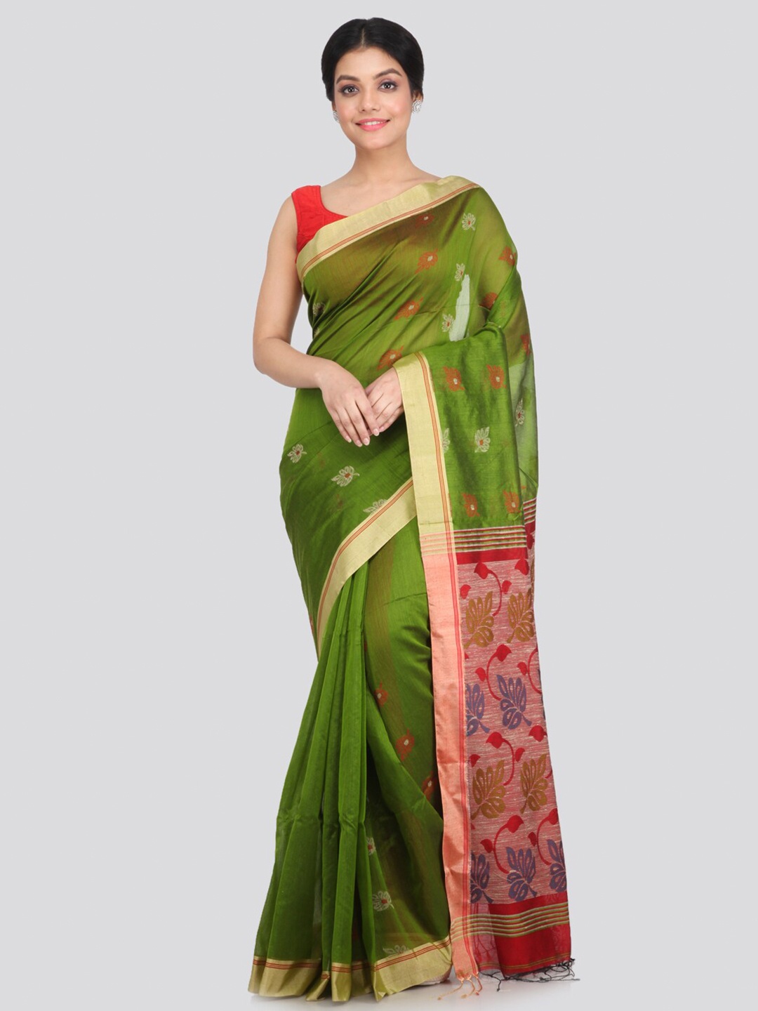 

PinkLoom Green & Red Floral Zari Saree