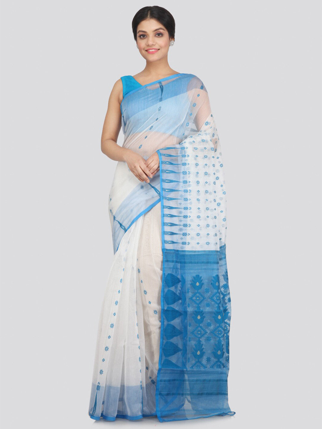 

PinkLoom White & Blue Woven Design Pure Cotton Jamdani Saree