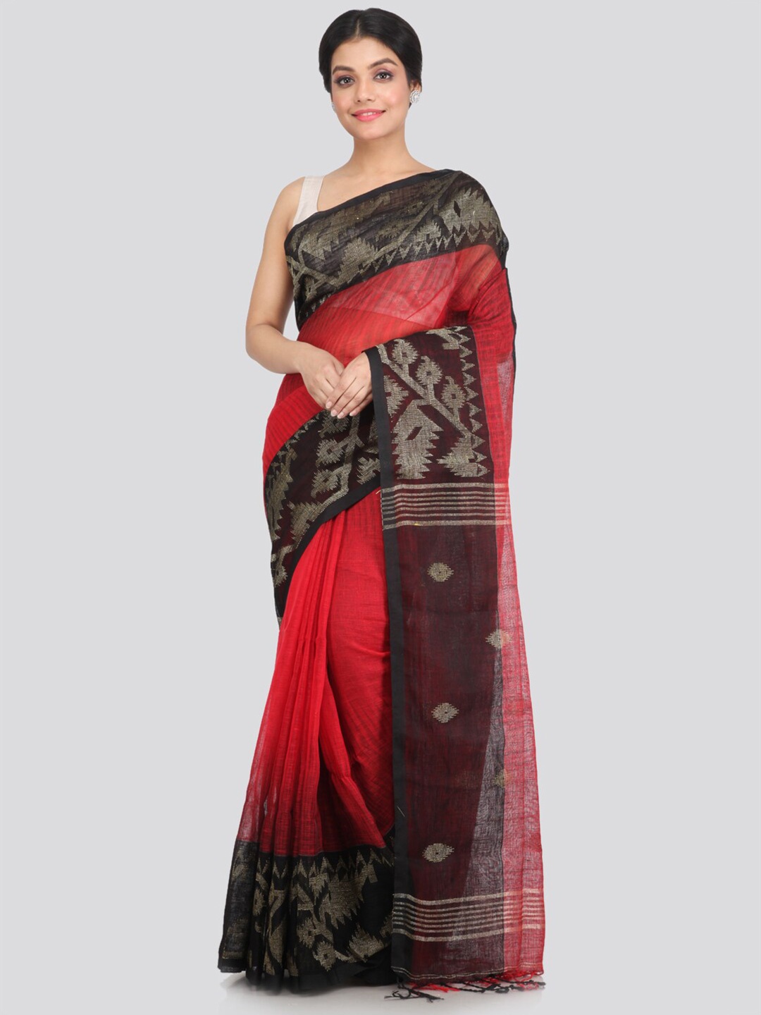 

PinkLoom Maroon & Black Ethnic Motifs Pure Linen Saree