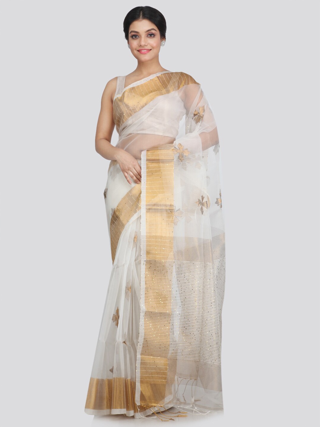 

PinkLoom Off White & Gold-Toned Woven Design Sequinned Silk Blend Saree