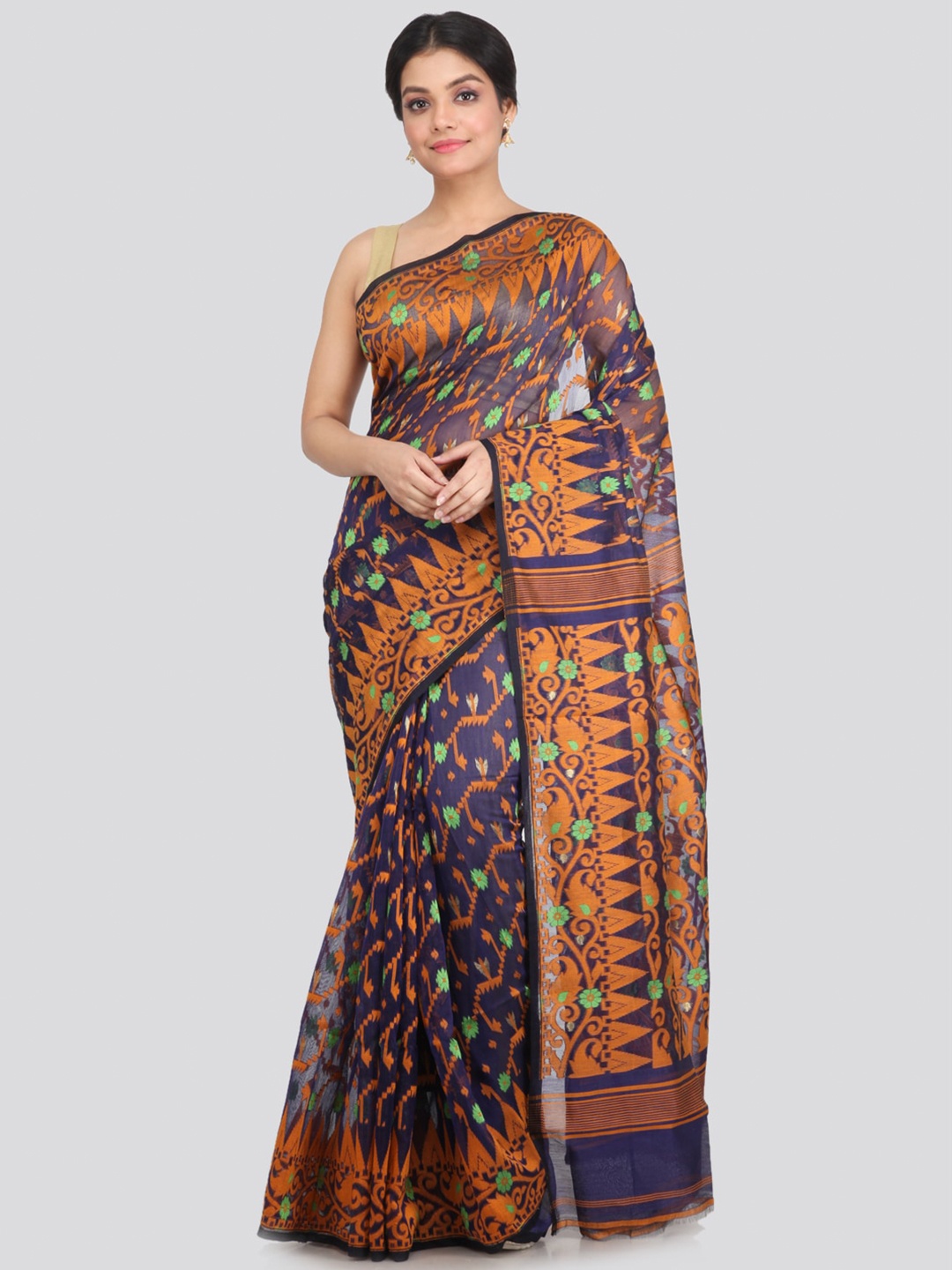 

PinkLoom Blue & Orange Floral Pure Cotton Jamdani Saree
