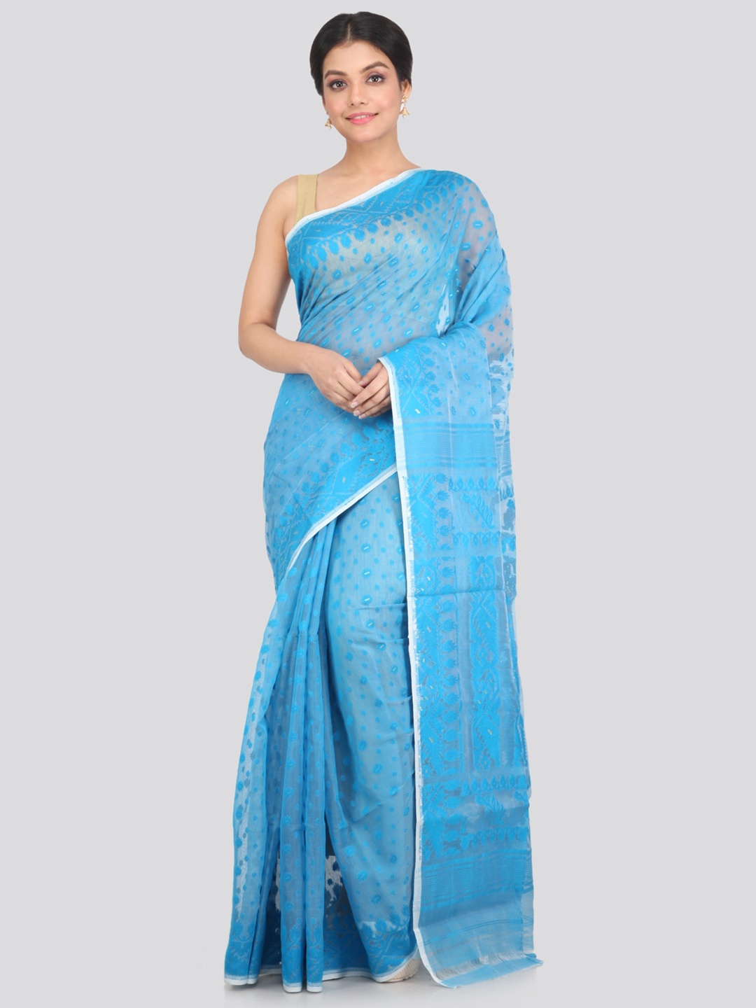 

PinkLoom Blue & Silver-Toned Woven Design Pure Cotton Jamdani Saree